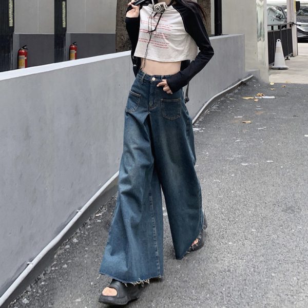 Women Oversized Vintage High Waist Jeans High Street Loose Frayed Wide Leg Jeans