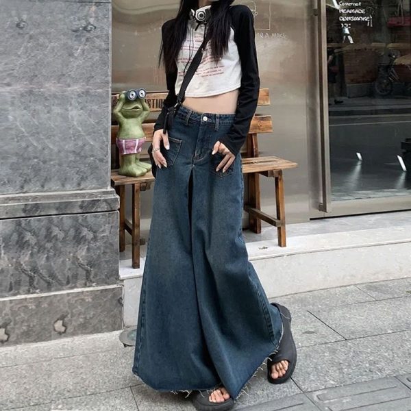 Women Oversized Vintage High Waist Jeans High Street Loose Frayed Wide Leg Jeans