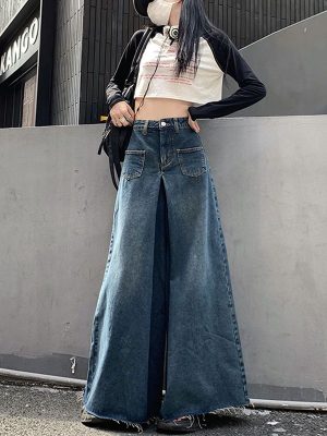 Women Oversized Vintage High Waist Jeans High Street Loose Frayed Wide Leg Jeans