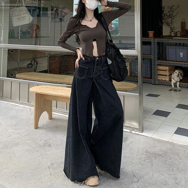 Women Oversized Vintage High Waist Jeans High Street Loose Frayed Wide Leg Jeans