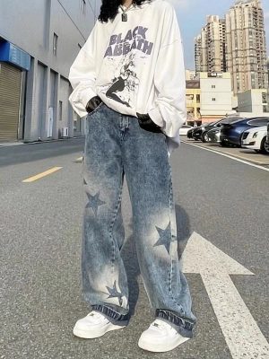 Women Oversized Washed Star Pattern baggy jeans High Street Loose Straight Y2K Jeans