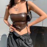 Women Patchwork Irregular Corset Women Chic Side Cut Out Hole Strappy Tank top