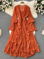 Women Purple/Brown/Red Chiffon Pleated Maxi Dress 2023 Spring Summer Outfits