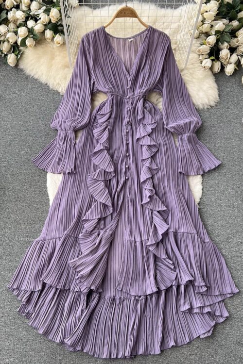 Women Purple/Brown/Red Chiffon Pleated Maxi Dress 2023 Spring Summer Outfits