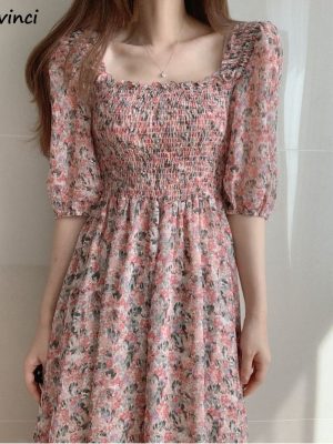 S-3XL-Floral-Chiffon-Dress-Women-Sweet-Puff-Sleeve-Empire-Vintage-Fairy-Slim-Square-Collar-Vestido-1