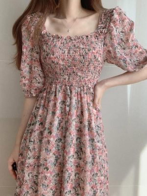 Women Floral Chiffon Dress Sweet Puff Sleeve Empire Vintage