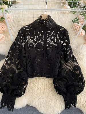Sexy-Lace-Hollow-Out-Short-Blouse-Casual-Lantern-Long-Sleeve-Stand-Collar-Shirts-Female-Elegant-Red-1