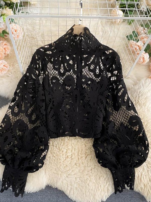 Women Sexy Lace Hollow Out Short Blouse 2023 Summer Fashion Outfits