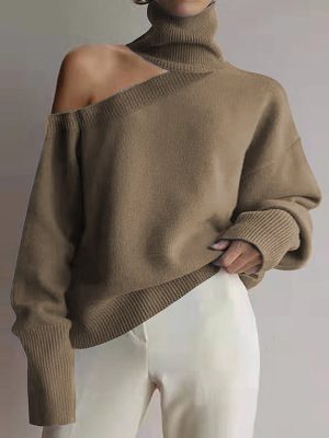 Sexy Leopard Print Hollow Sweater Elegant Off Shoulder Turtleneck Sweater