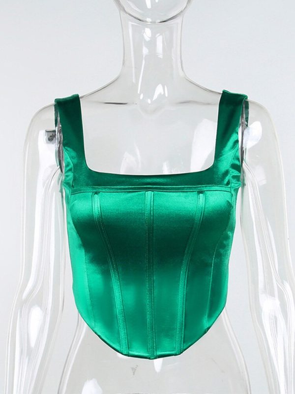 Sexy Satin Boned Corset Top For Women Summer Sleeveless Backless Square Collar Cropped Tops