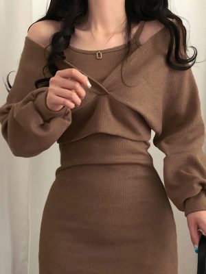 Women Sexy Solid Knitted Mini Dress Smart Casual Work Outfit