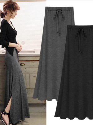 Sexy-Summer-Slit-Side-Skirt-Women-Fashion-Casual-Long-Maxi-Skirt-Stretchy-Solid-Lace-Up-Gray-1
