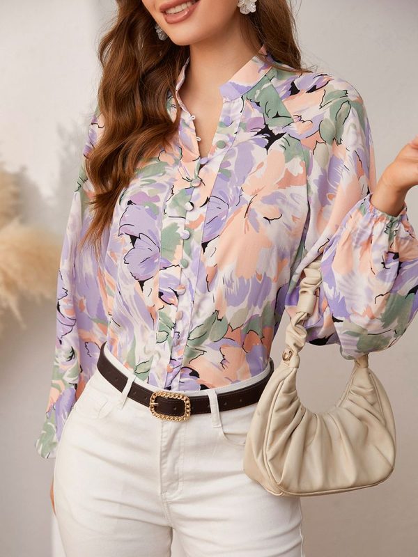 Shopshive Holiday Buttons Lantern Sleeves Printed Shirt 2023 Summer Fashion Outfits Trends
