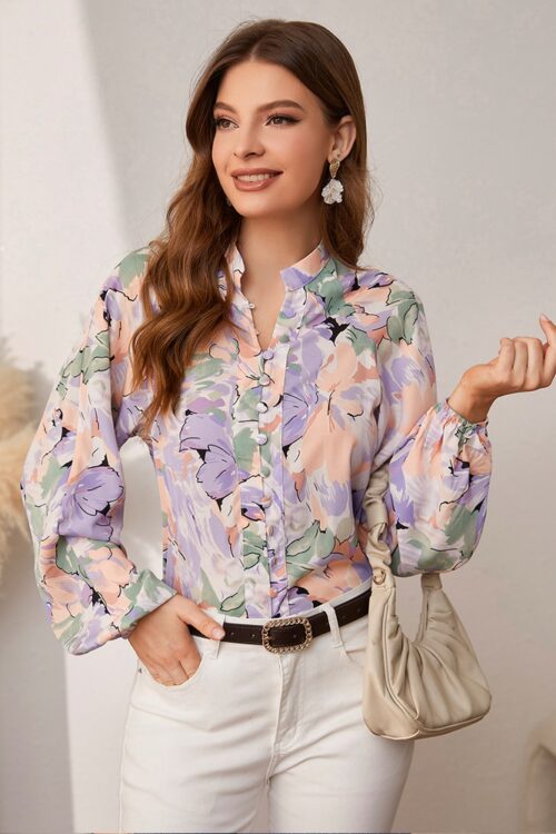 Shopshive Holiday Buttons Lantern Sleeves Printed Shirt 2023 Summer Fashion Outfits Trends