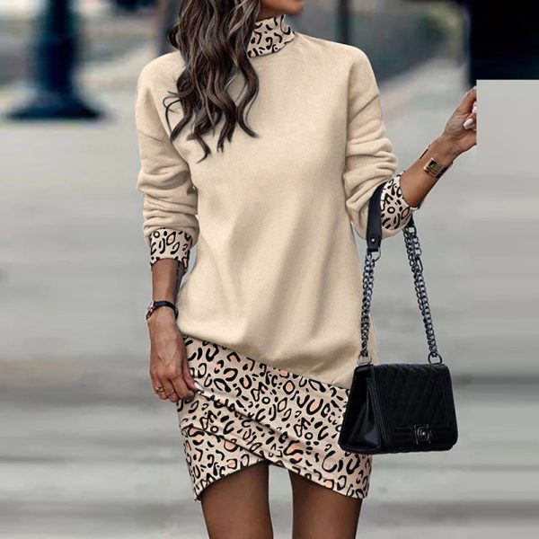 Spring Autumn Long Sleeve High Collar Dress Elegant Patchwork Printed Slim Dress