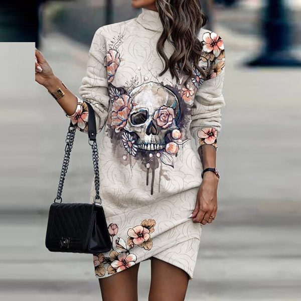 Spring Autumn Long Sleeve High Collar Dress Elegant Patchwork Printed Slim Dress