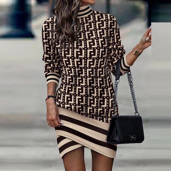 Spring Autumn Long Sleeve High Collar Dress Elegant Patchwork Printed Slim Dress