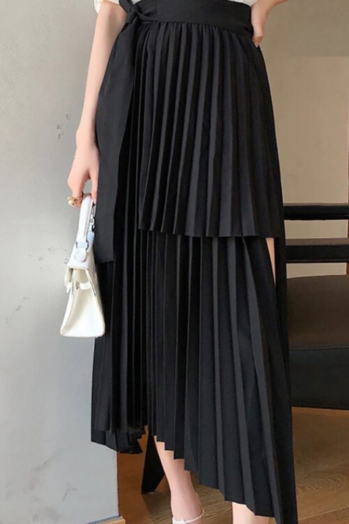 Women Irregular Sashes Mid Calf Pleated Skirt 2023 Spring Summer Outfits