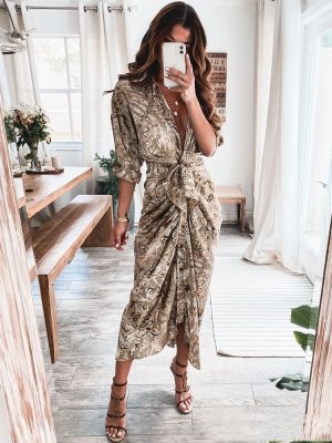 Women Button Rushed Sleeve Printed Dress 2023 Summer Fashion Outfits