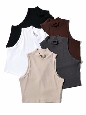 Women Summer Black Women Fashion Crop Top High Neck White Sleeveless Tank Tops 5 Colors