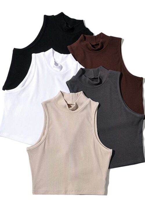 Women Summer Black Women Fashion Crop Top High Neck White Sleeveless Tank Tops 5 Colors