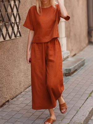 Summer-Two-Piece-Sets-Womens-Outfits-Casual-Linen-Cotton-O-Neck-Tops-Straight-Loose-Pants-Fashion-1