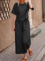Women Summer Two Piece Sets Outfits Casual Linen Cotton O-Neck Tops