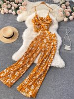 Women Sexy Printed 2 Piece Set Beach Female Strap Tops + Wide Leg Pants 2023 Spring Summer Outfits