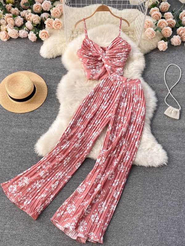 Women Sexy Printed 2 Piece Set Beach Female Strap Tops + Wide Leg Pants 2023 Spring Summer Outfits