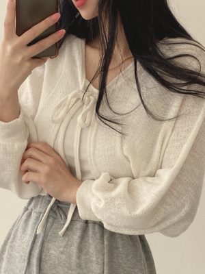 Thin-White-Cardigan-Bandage-Lantern-Sleeve-Short-Coat-Pull-Femme-Knitwear-Top-Girl-Cardigan-Korean-Style-1