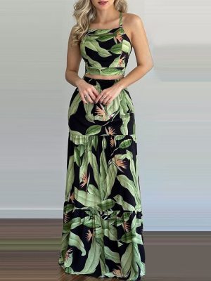 Women Tropical Print Halter Sleeveless Top & Skirt Set
