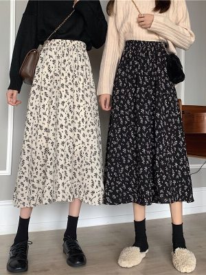 Vintage-Floral-Print-A-line-Pleated-Long-Skirts-Summer-Women-2022-Korean-Skirt-Streetwear-Drawstring-Elastic-1