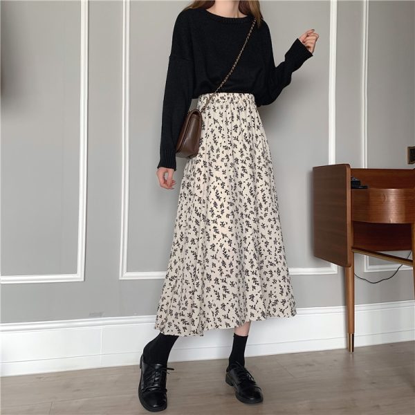 Vintage Floral Print A-line Pleated Long Skirts Summer Women