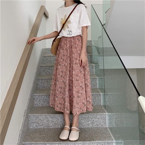 Vintage Floral Print A-line Pleated Long Skirts Summer Women