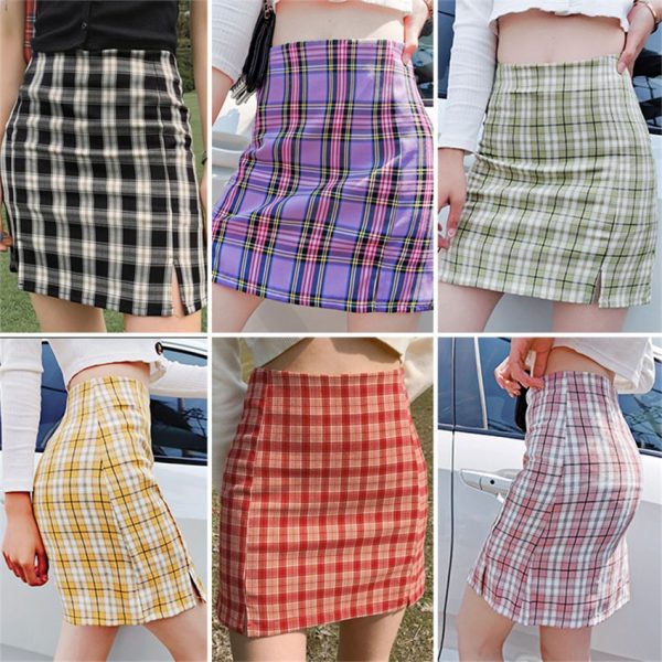 Women Vintage Plaid Side Split Bodycon Mini Skirt Summer Outfits