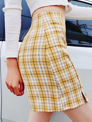 Women Vintage Plaid Side Split Bodycon Mini Skirt Summer Outfits