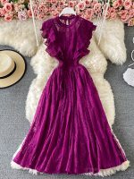 Women Vintage Purple/Green/Red Lace Midi Dress 2023 Spring Summer Outfits