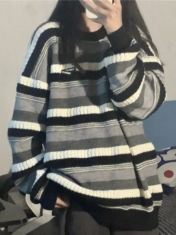 Women Vintage Striped Sweaters Women Autumn Winter Oversized