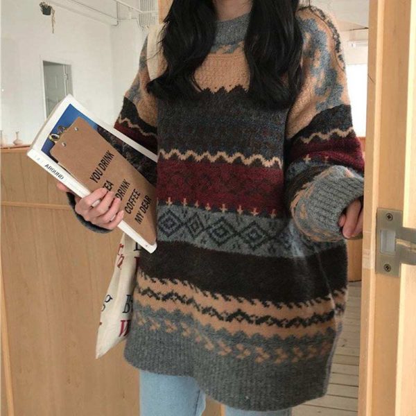 Women Vintage Sweaters Pullover Winter Striped Jumpers Korean Style