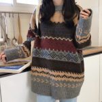 Women Vintage Sweaters Pullover Winter Striped Jumpers Korean Style