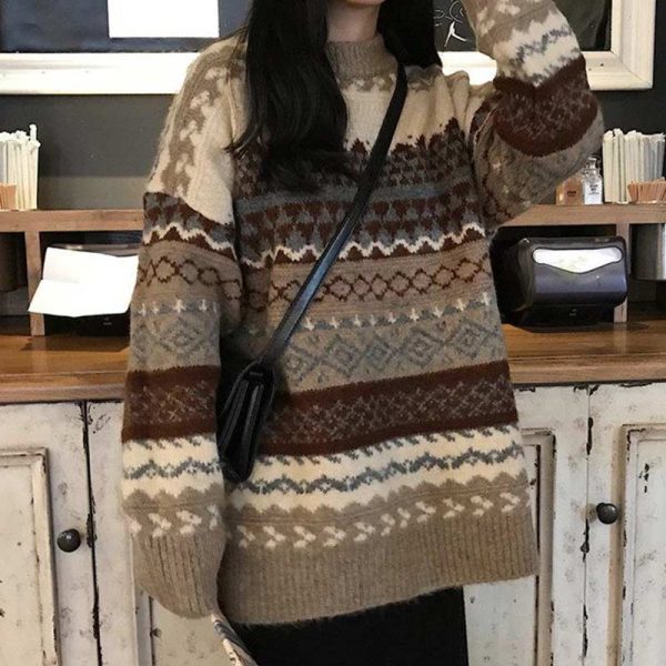 Women Vintage Sweaters Pullover Winter Striped Jumpers Korean Style