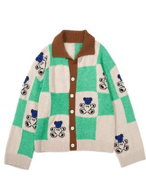 Winter-Bear-Knitted-Cardigan-Women-Korean-Fashion-Single-Breasted-Polo-Neck-Green-Plaid-Patchwork-Thicken-Sweater-1