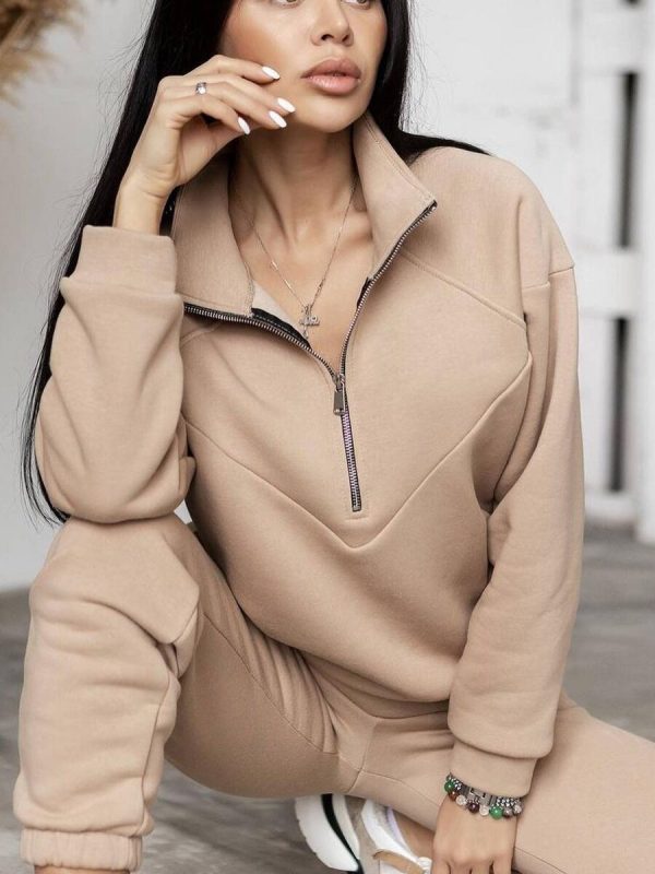 Winter Jogging Women Two Piece Set Female Zipper Coat + Casual Pants Tracksuit Autumn Jacket Fashion Contrast Sport Wear Set