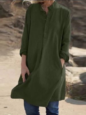 Women-Cotton-Linen-Solid-Casual-Dress-Autumn-Long-Sleeve-Loose-Dress-Elegant-Single-Breasted-Party-Large-1