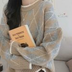 Women Knitted Sweater Fashion Oversized Pullovers Winter Argyle Loose Sweater Korean College