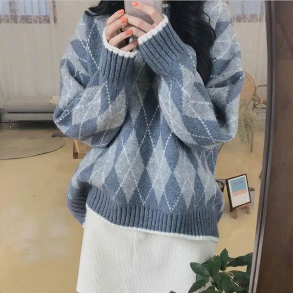 Women Knitted Sweater Fashion Oversized Pullovers Winter Argyle Loose Sweater Korean College
