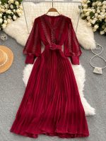 Women Lace Patchwork Pleated Chiffon Maxi Dress 2023 Summer Fashion Outfits