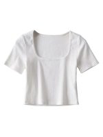 Women Square Neck Rib Crop T-shirt Short Sleeve Crop Top