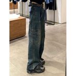 Women Vintage Washed Jeans High Street Loose Distressed High Waist Jeans