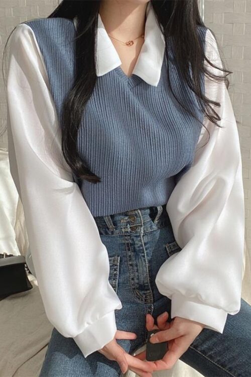 Women’s Casual T-Shirts Pullover Loose Top Fake Two Piece Suit Spring Outfits